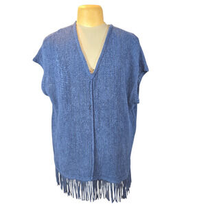 Pure Jill Women Blue V-Neck Sleeveless Knit Sweater Vest Fringe Size L Boho Chic